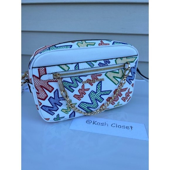 Michael Kors MK Jet Set Large Chain Logo Crossbody - Bright White - Picture 7 of 11